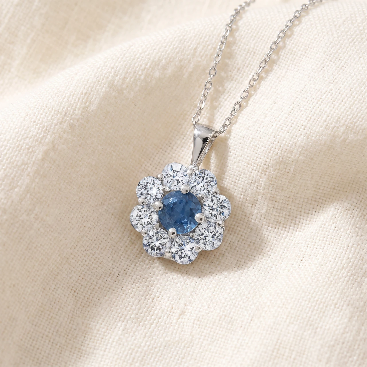1 1/4ct Blue Sapphire & Diamond Halo Pendant 14K White Gold (G-H, I1)
