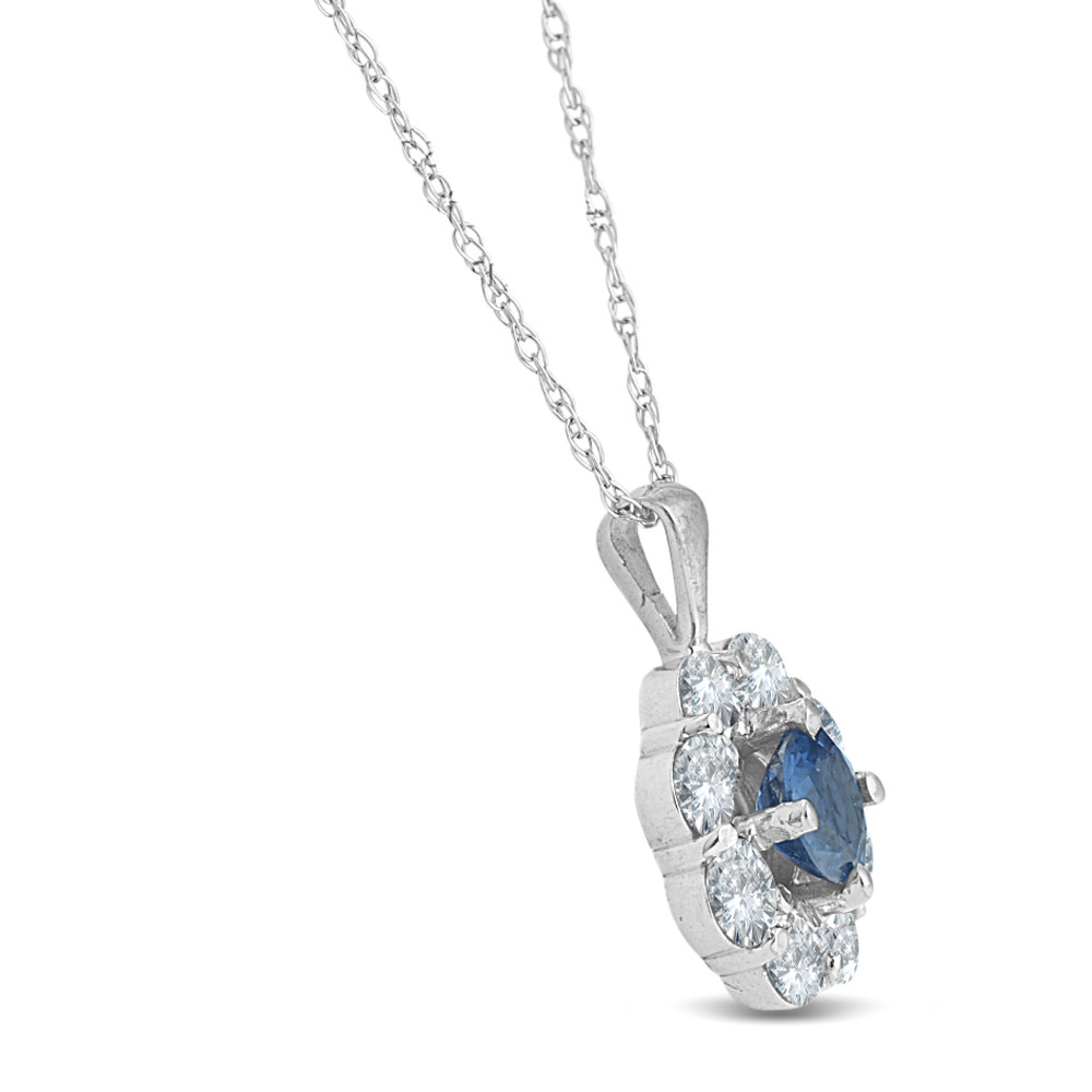 1 1/4ct Blue Sapphire & Diamond Halo Pendant 14K White Gold (G-H, I1)