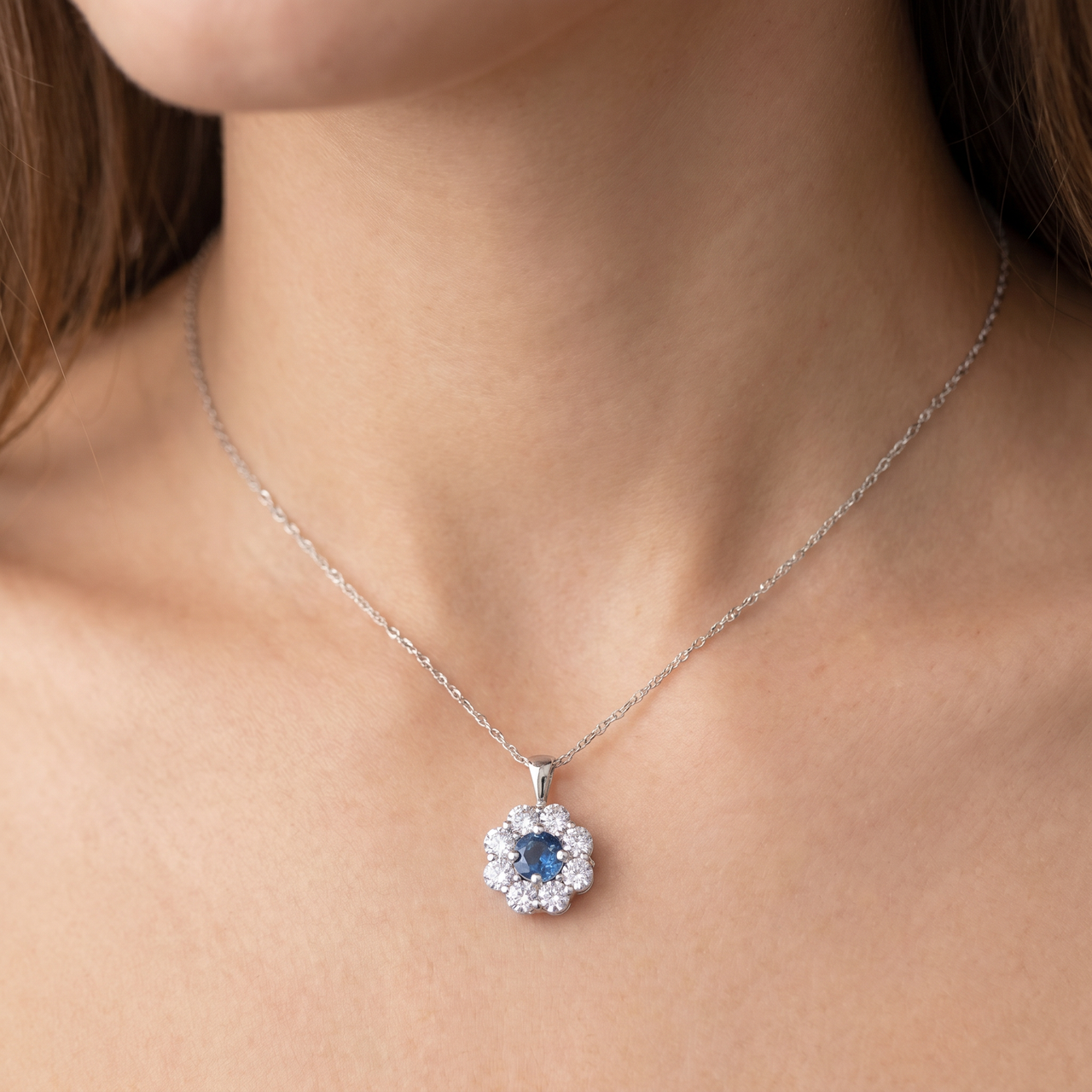 1 1/4ct Blue Sapphire & Diamond Halo Pendant 14K White Gold (G-H, I1)