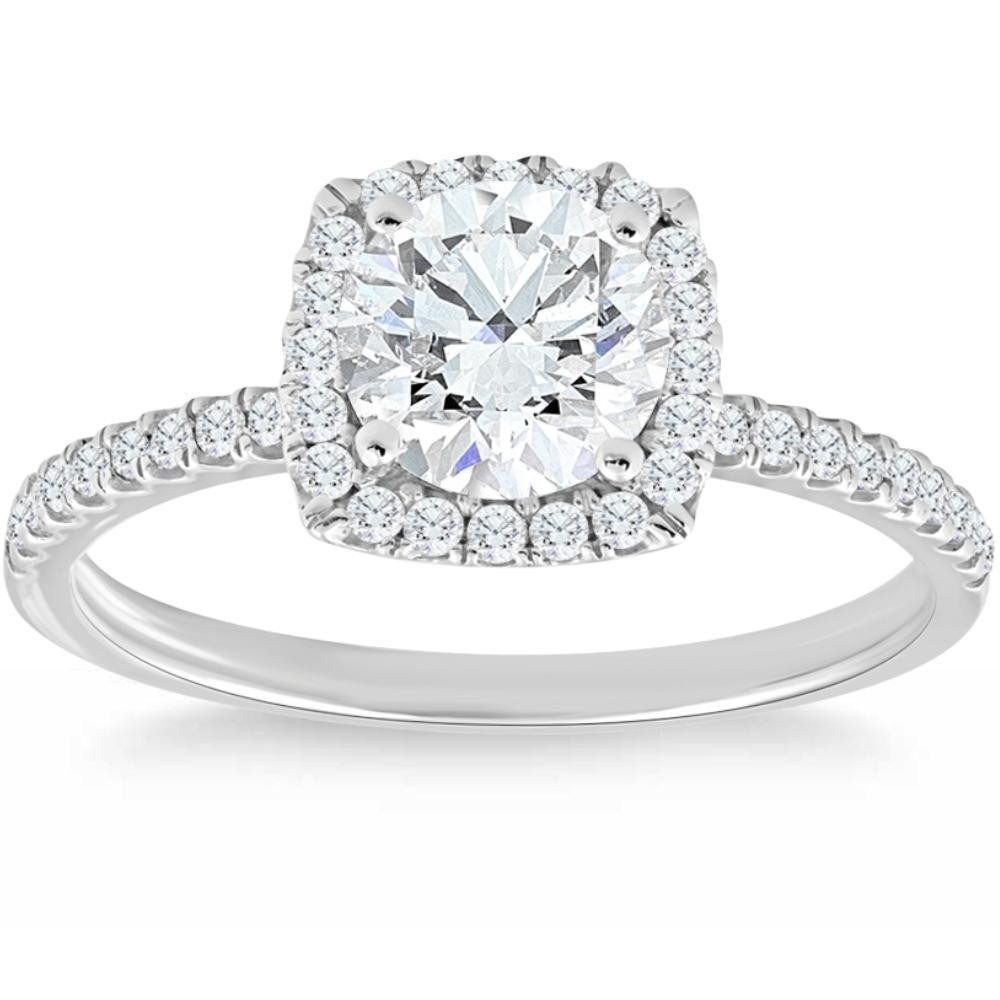 1 3/4 Ct TW Moissanite & Diamond Cushion Halo Engagement Ring in 14k White Gold (G-H, I1)