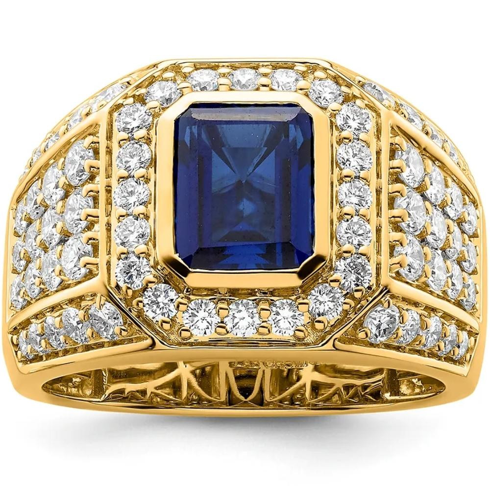 4 1/2Ct TW Men's Created Sapphire & Lab Grown Diamond Ring in 10k Yellow Gold (G-H, VS2-SI1)