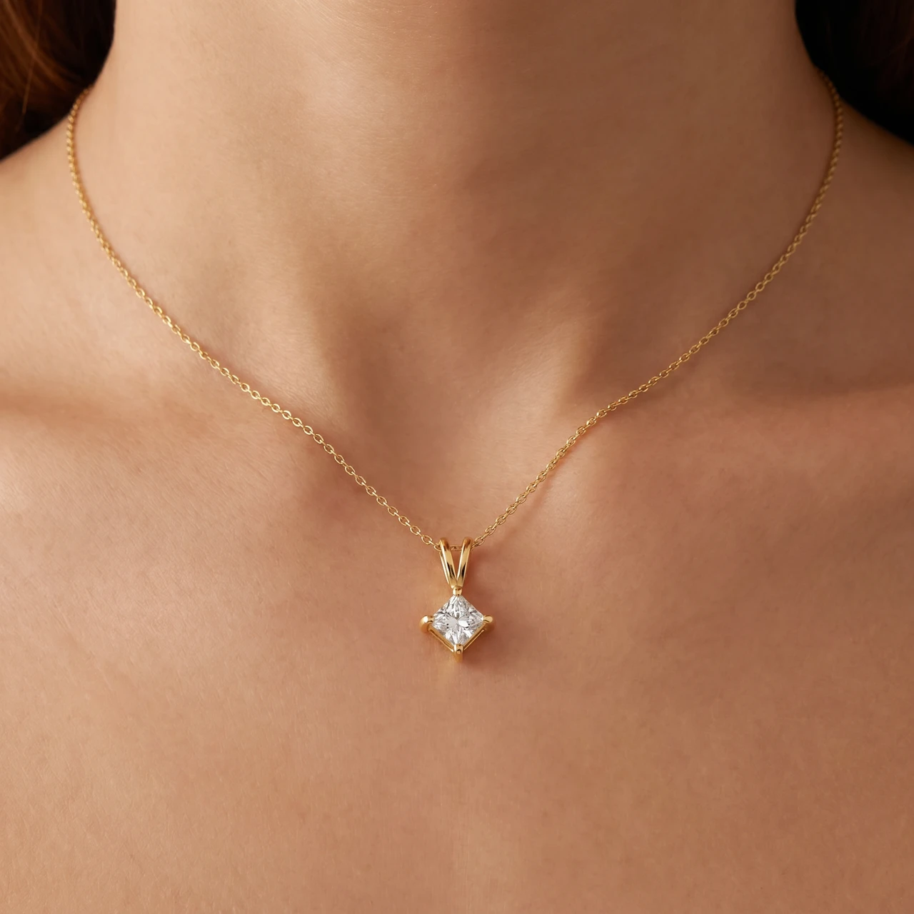 1/2ct Princess Cut Real Diamond Gold Necklace Pendant 14k Yellow Gold (I-J, I2-I3)