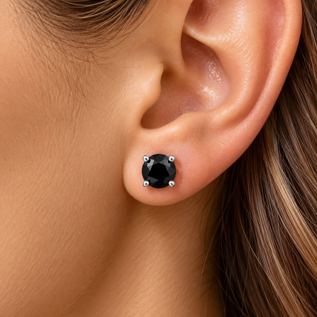 .20Ct Round Brilliant Cut Heat Treated Black Diamond Stud Earrings in 14K Gold Classic Setting (Black, I2-I3)