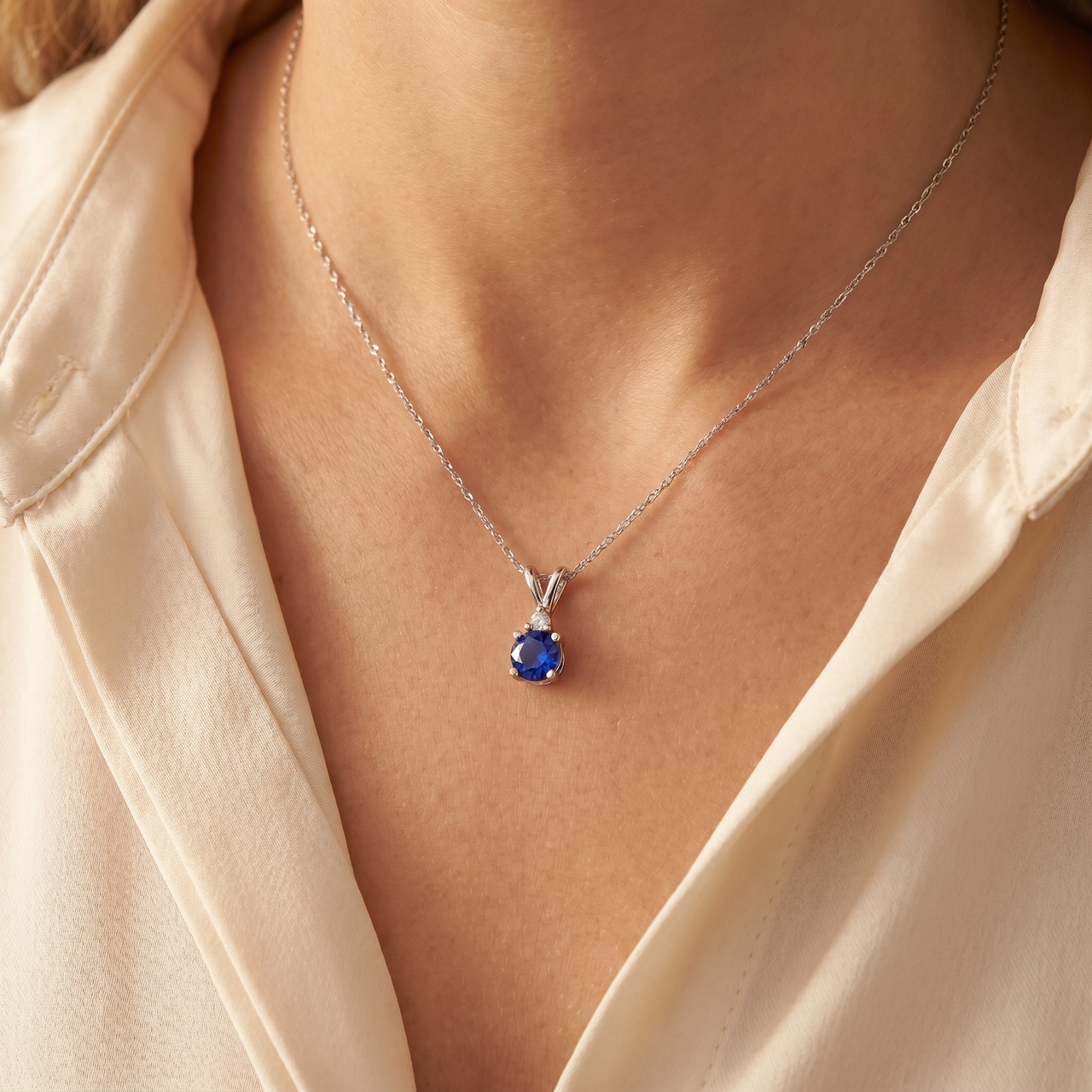 1/2Ct Synthetic Blue Sapphire & Natural Diamond Solitaire Pendant 14K White Gold (J-K, I2-I3)