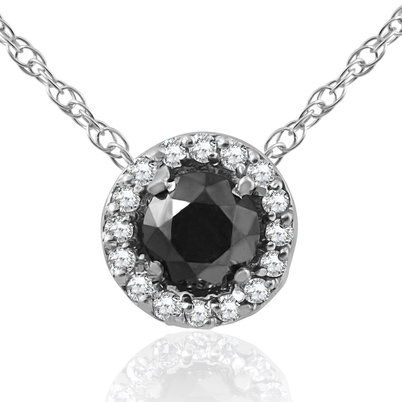 1/2 ct Black & White Diamnd Pave Halo Solitaire Pendant Necklace 14K Whte Gold (J-K, I2-I3)