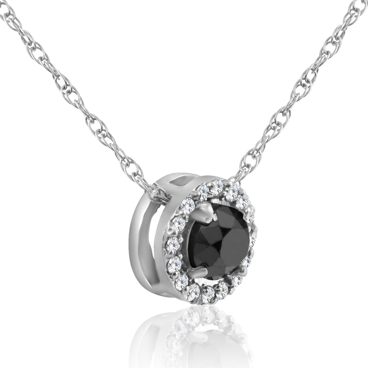 1/2 ct Black & White Diamnd Pave Halo Solitaire Pendant Necklace 14K Whte Gold (J-K, I2-I3)
