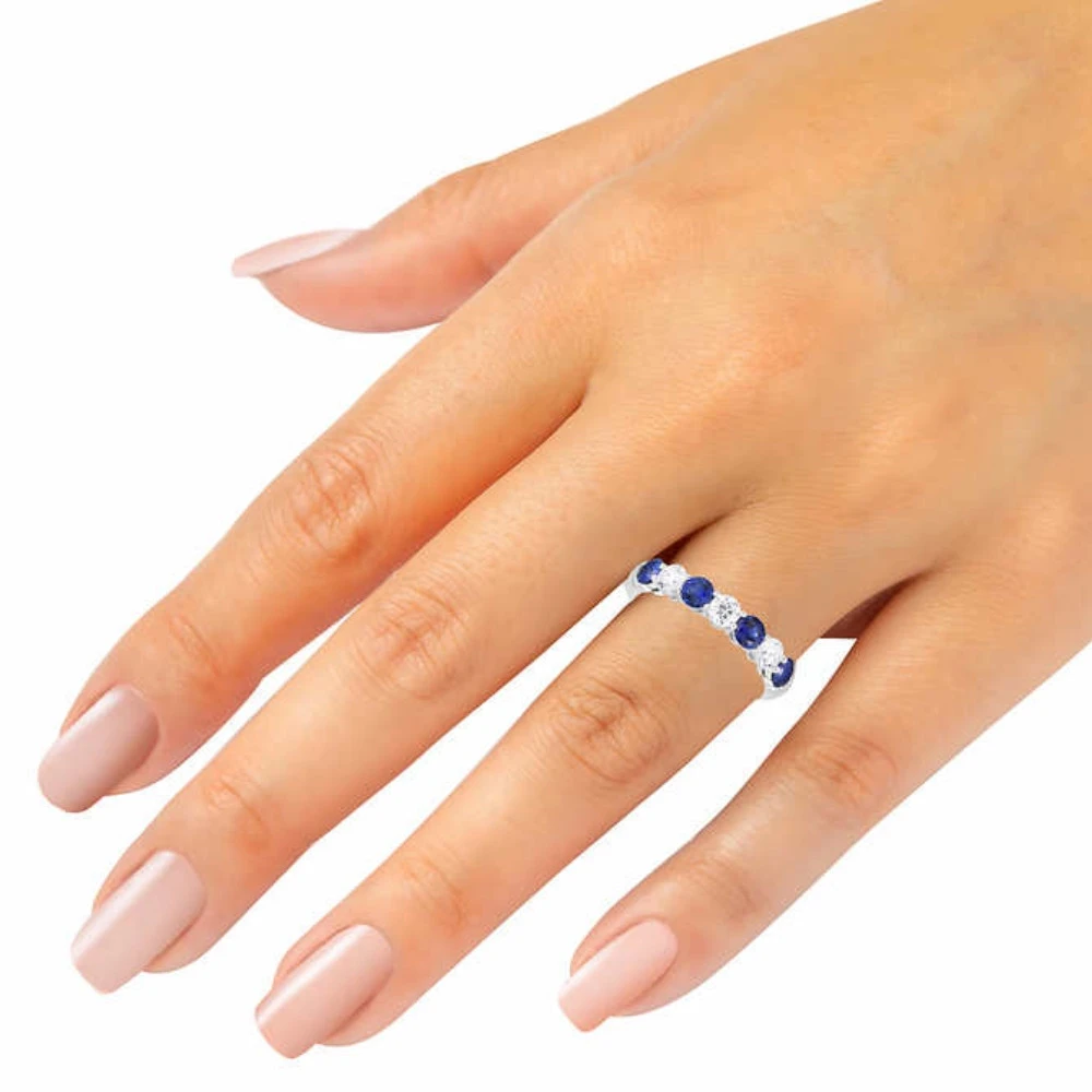 1 1/2Ct TW Round Diamond & Blue Sapphire Stackable Ring in 14k Gold Lab Grown (G-H, VS)