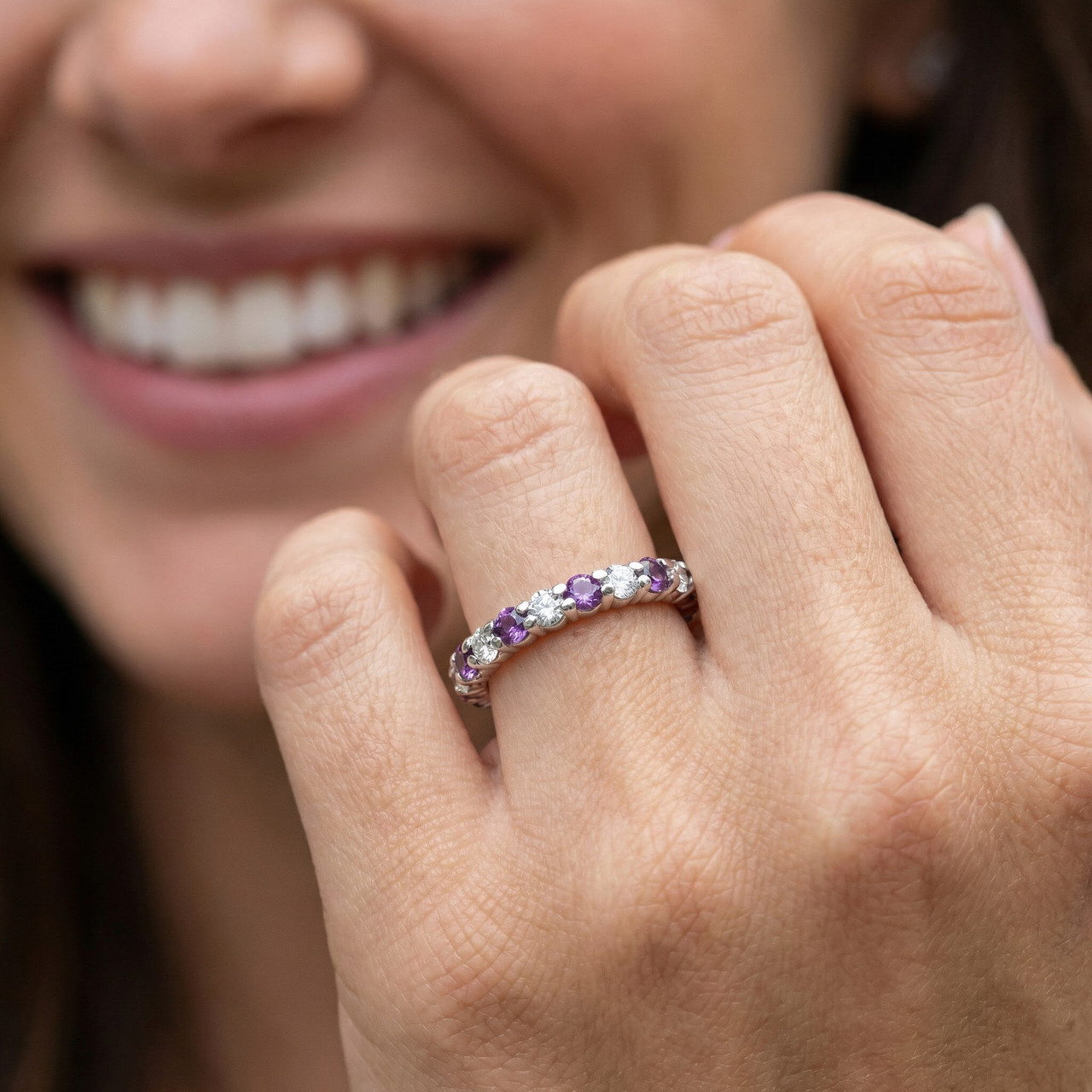 1 1/2ct Diamond & Amethyst Eternity Stackable Ring 14K White Gold (G-H, I1)