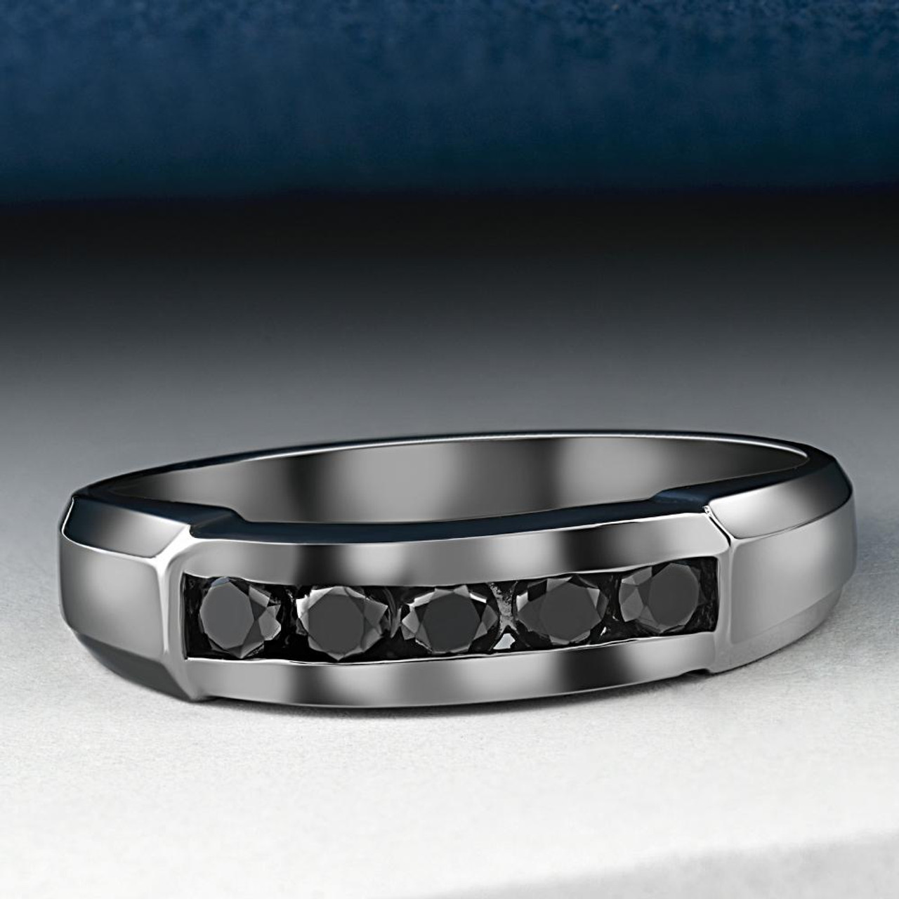 Mens platinum wedding store band with black diamonds