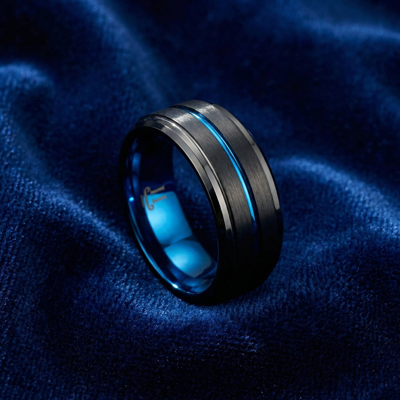 Men's Black & Blue Tungsten Ring Brushed Beveled Step Cut Wedding Band