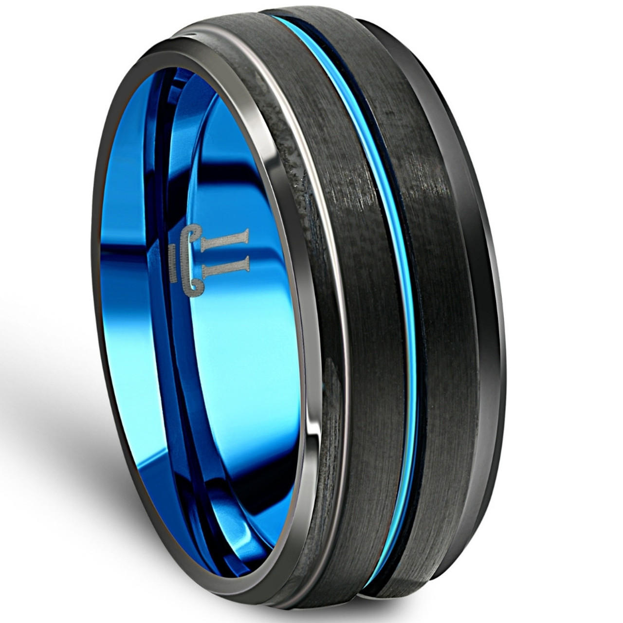 Men's Black & Blue Tungsten Ring Brushed Beveled Step Cut Wedding Band