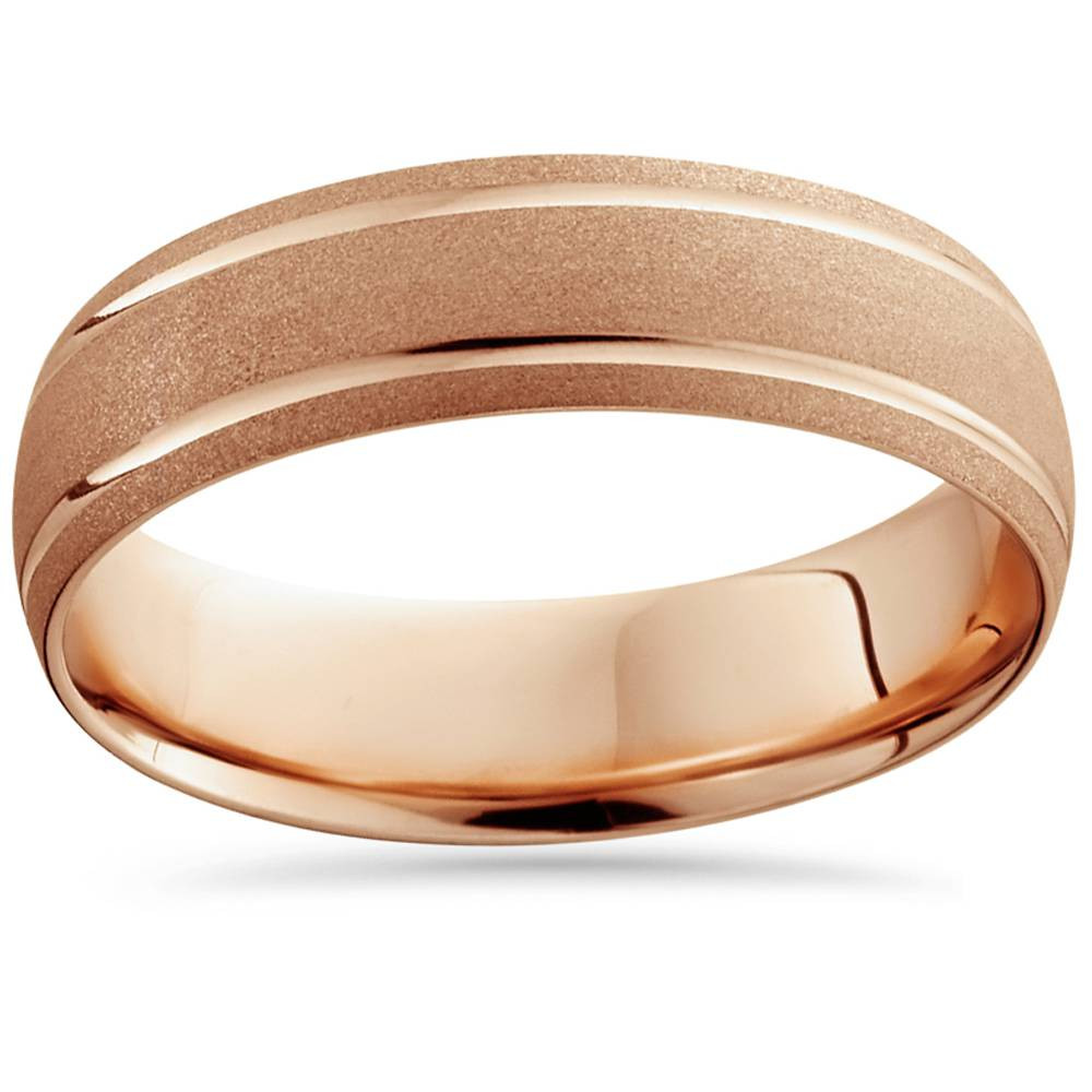14K Rose Gold Mens Brushed Double Line Wedding Band 6mm Wide Ring