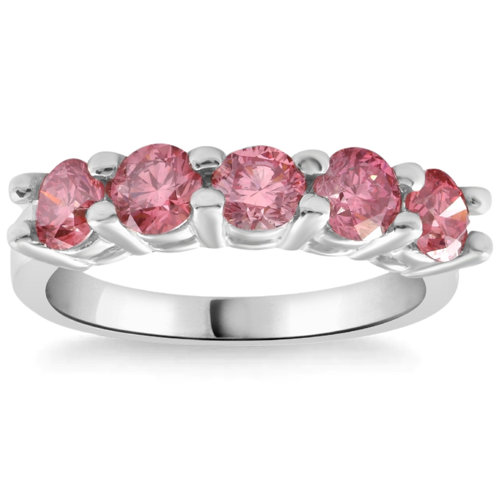 1Ct TW Five Stone Pink Diamond Wedding Ring Lab Grown Band 14k White Gold (Pink, VS)