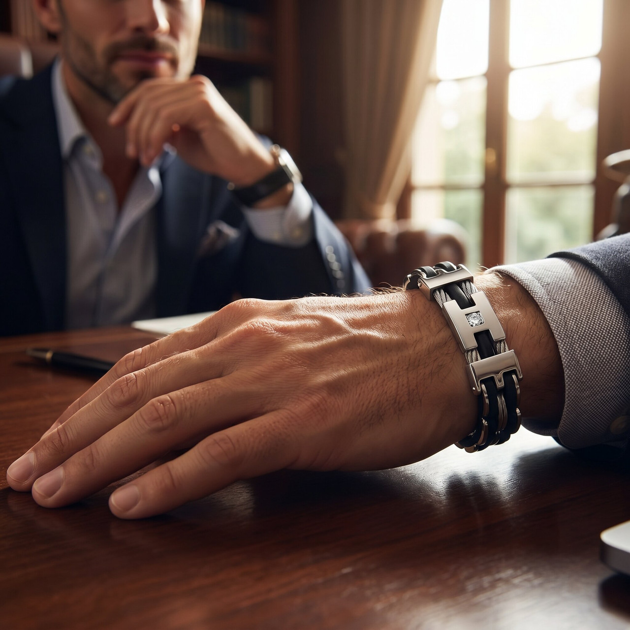 Men's Steel Brushed And Black Two Tone 13.5mm Link Flexible Wired 8 " Bracelet