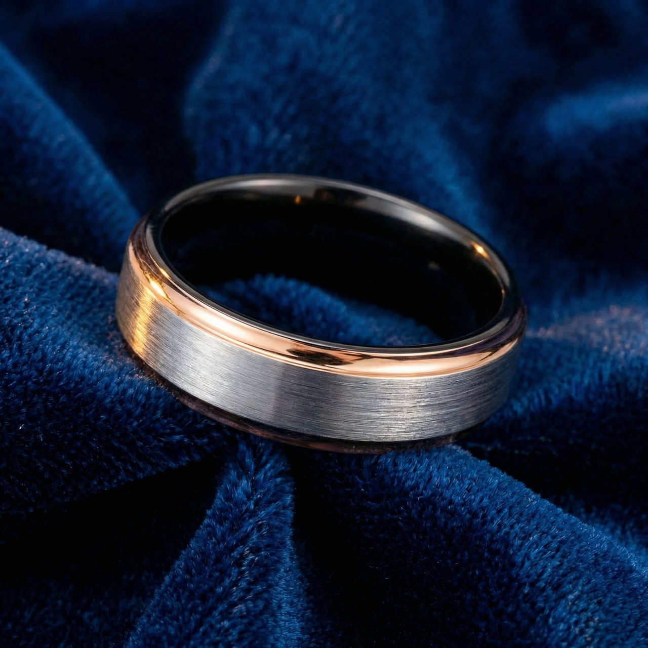 Men's Brushed Black Tungsten & Rose Gold Plated Two Tone 6mm Ring Wedding Band