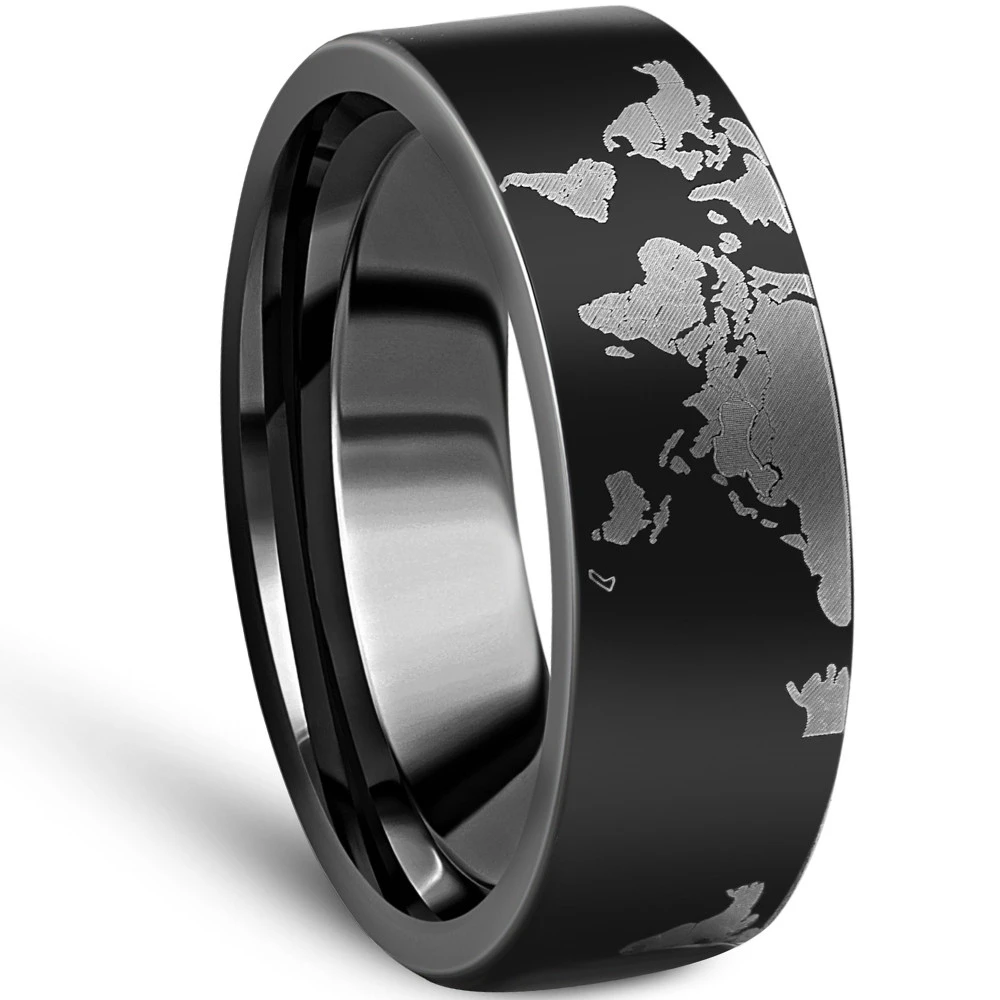 Men's Black Tungsten Lasered World 8mm Flat Ring Wedding Band