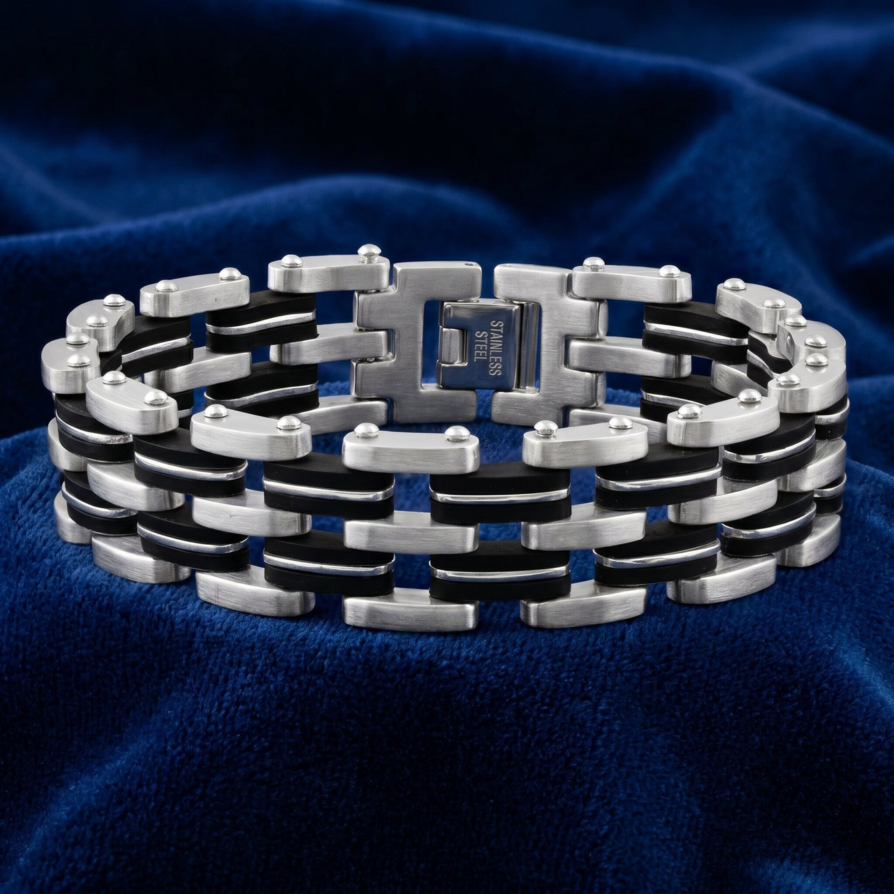 Men's Steel Brushed And Black Two Tone 18.5mm Wide Link Flexible 8.5 " Bracelet
