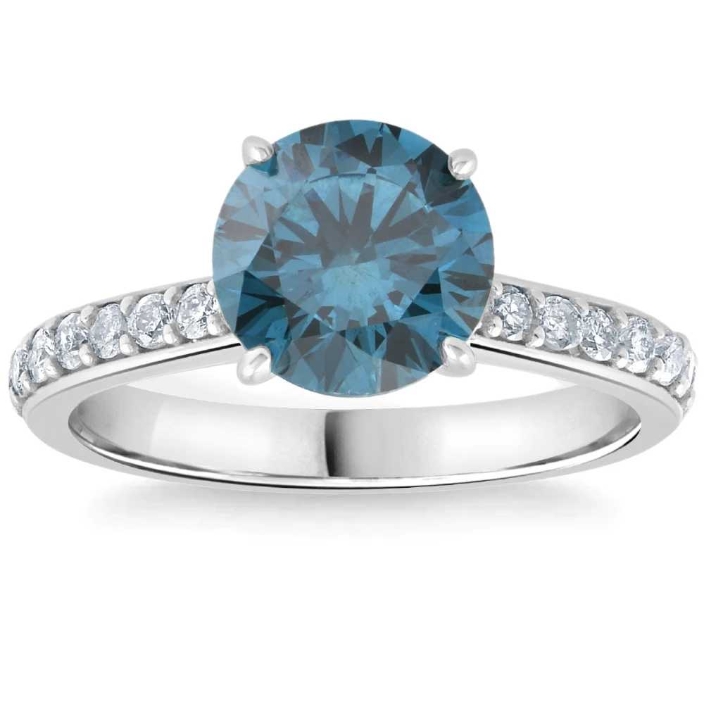 2Ct TW Round Brilliant Cut Blue Diamond Engagement Ring 14k White Gold (G-H, SI)