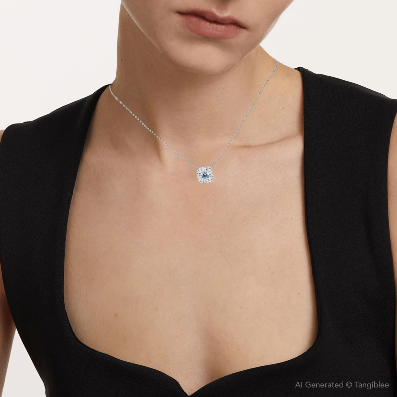【HYSFORM】TIMEPIECE NECKLACE 2 3/4Ct Aquamarine & Diamond Cushion Halo Pendant 10k White