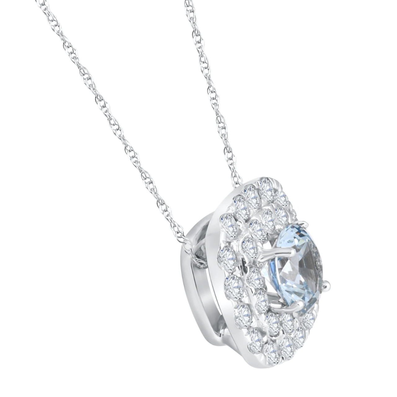 2 3/4Ct Aquamarine & Diamond Cushion Halo Pendant 10k White