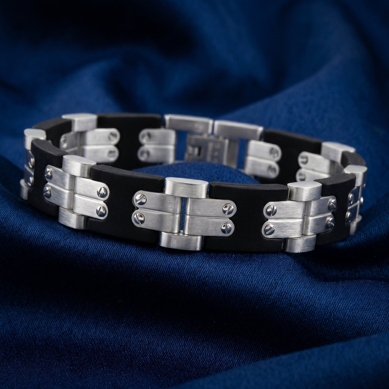 Men's Polished Steel Brushed Black Two Tone Flexible 12mm Link  8 " Bracelet