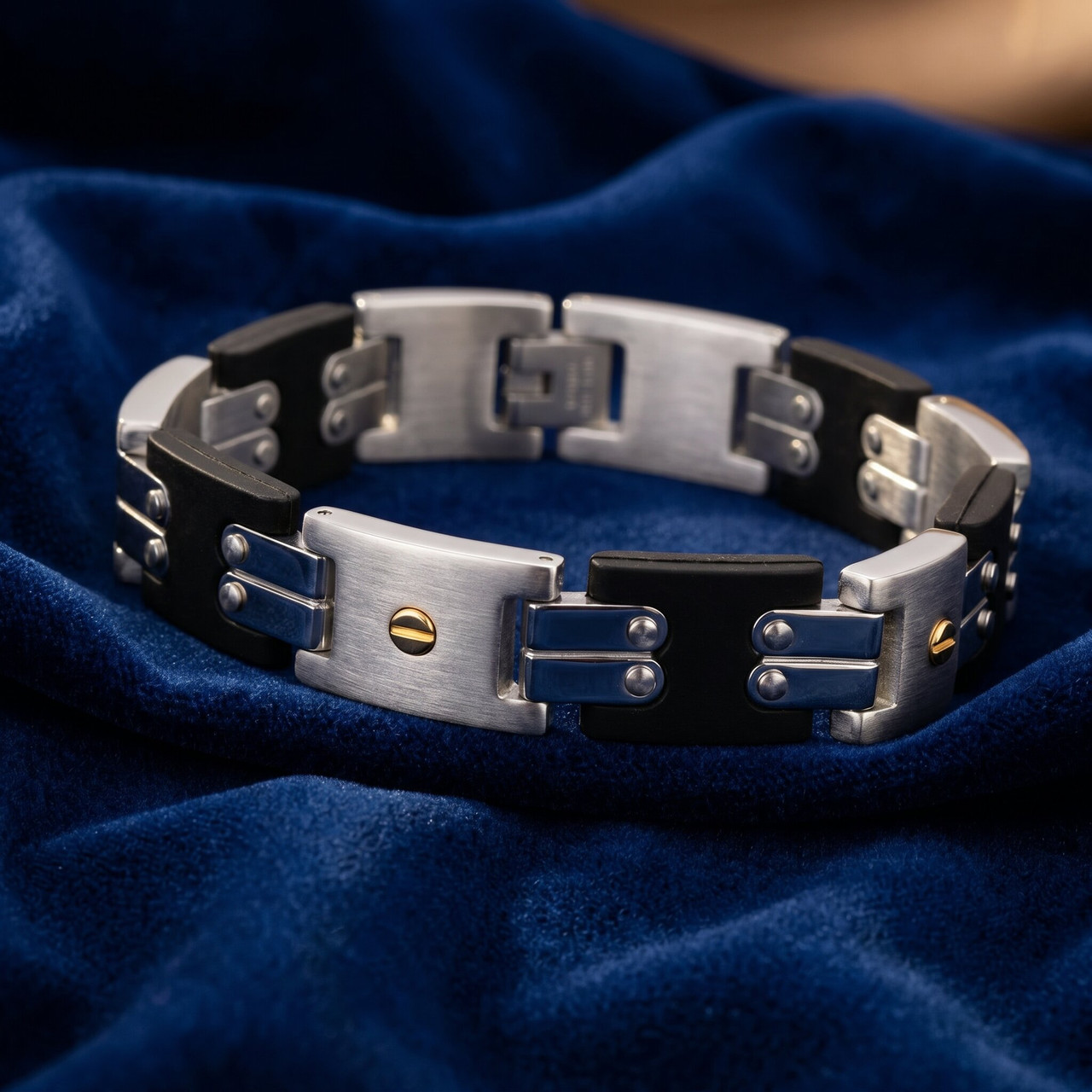 Men's Steel Brushed And Black Two Tone Flexible 12mm Link  8 " Bracelet
