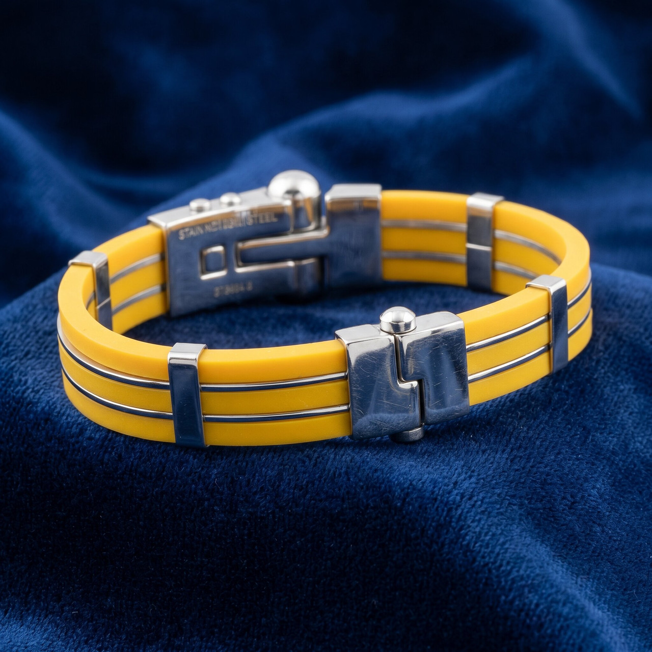 Men's Steel And Yellow Silicone Two Tone 11mm 8 " Bangle Bracelet