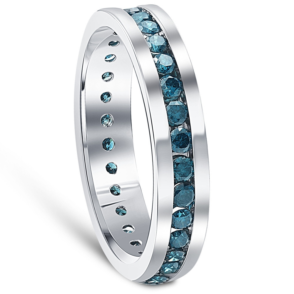 1 1/5ct Blue Diamond Channel Set Eternity Ring 14K White Gold Comfort Fit (Blue, I1)