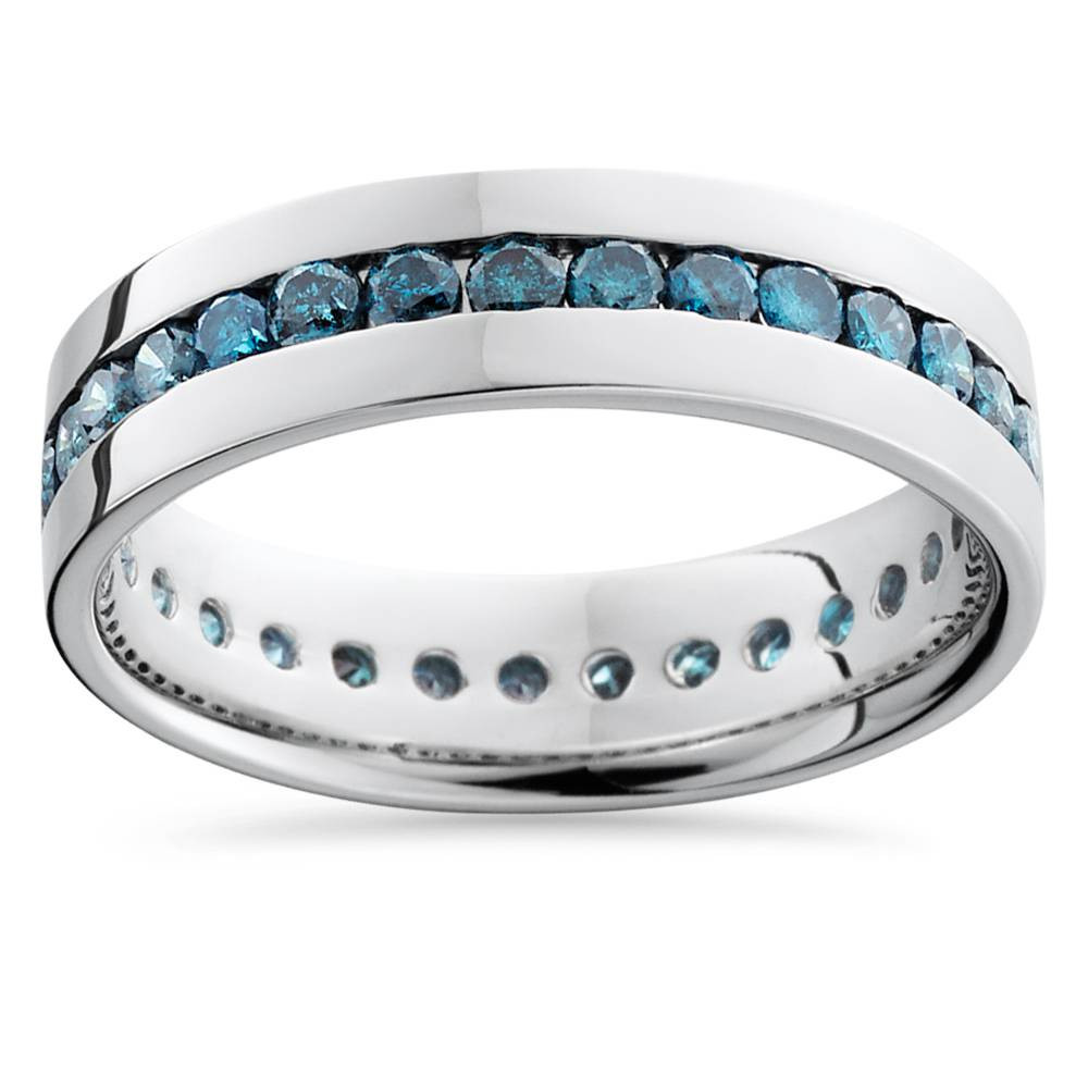 1 1/5ct Blue Diamond Channel Set Eternity Ring 14K White Gold Comfort Fit (Blue, I1)