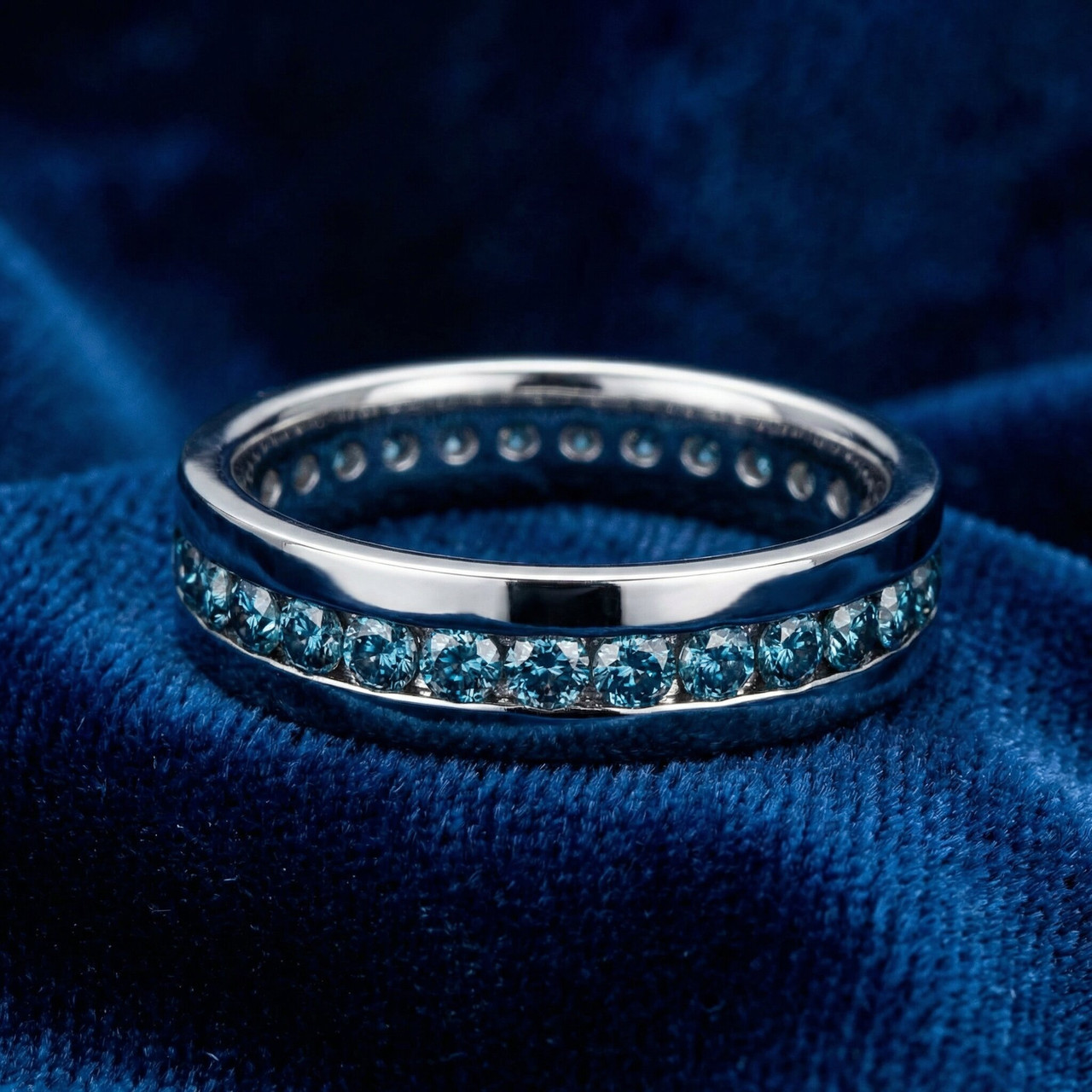 1 1/5ct Blue Diamond Channel Set Eternity Ring 14K White Gold Comfort Fit (Blue, I1)