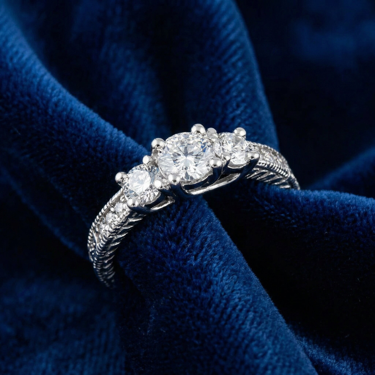 1ct Vintage Diamond Three Stone Engagement Ring 14K White Gold (G-H, I1)