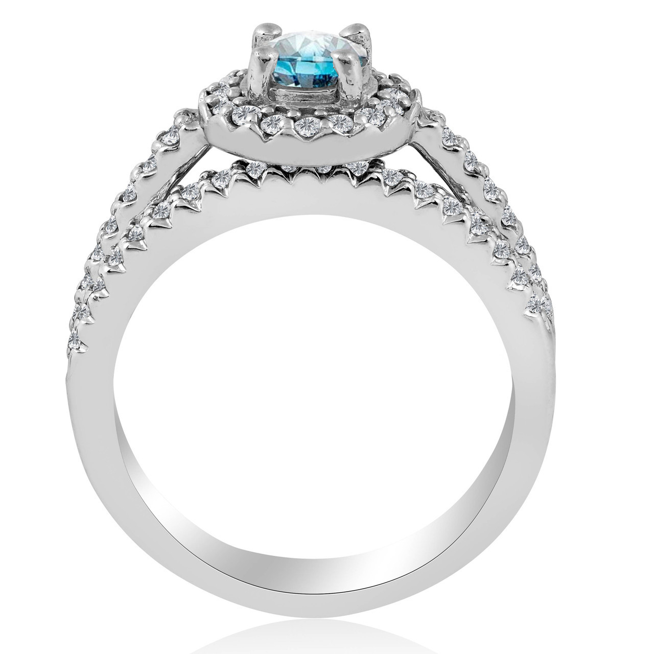 3/4Ct Halo Round Blue Diamond Engagement Matching Wedding Ring Set White Gold (G-H, I2-I3)