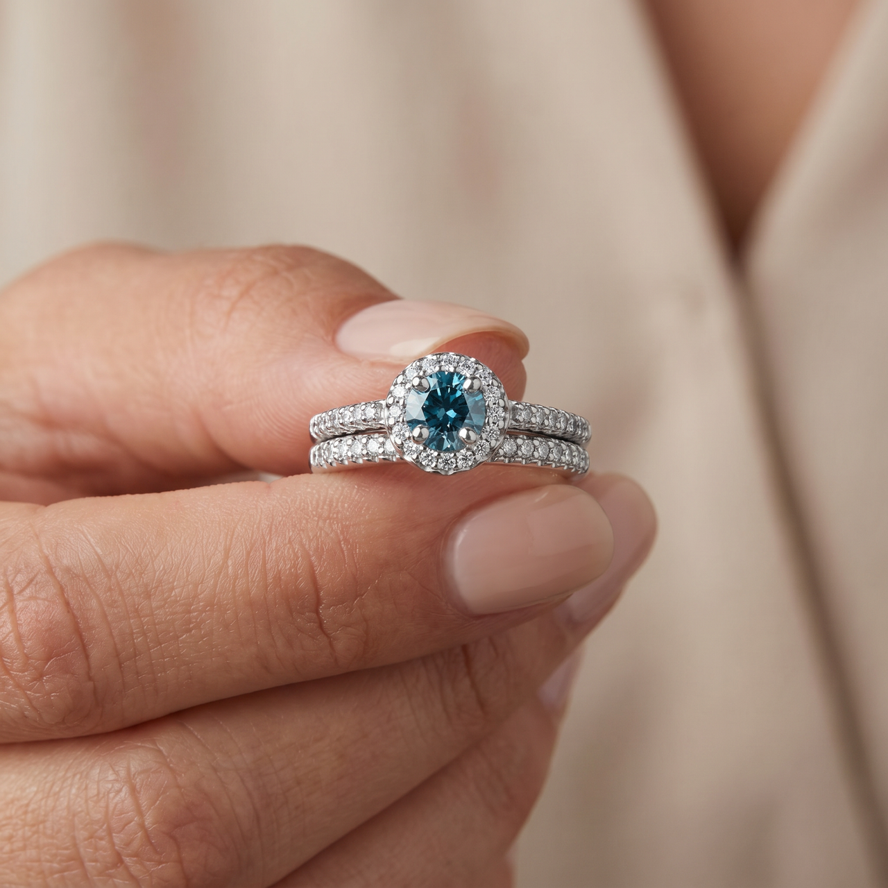 3/4Ct Halo Round Blue Diamond Engagement Matching Wedding Ring Set White Gold (G-H, I2-I3)