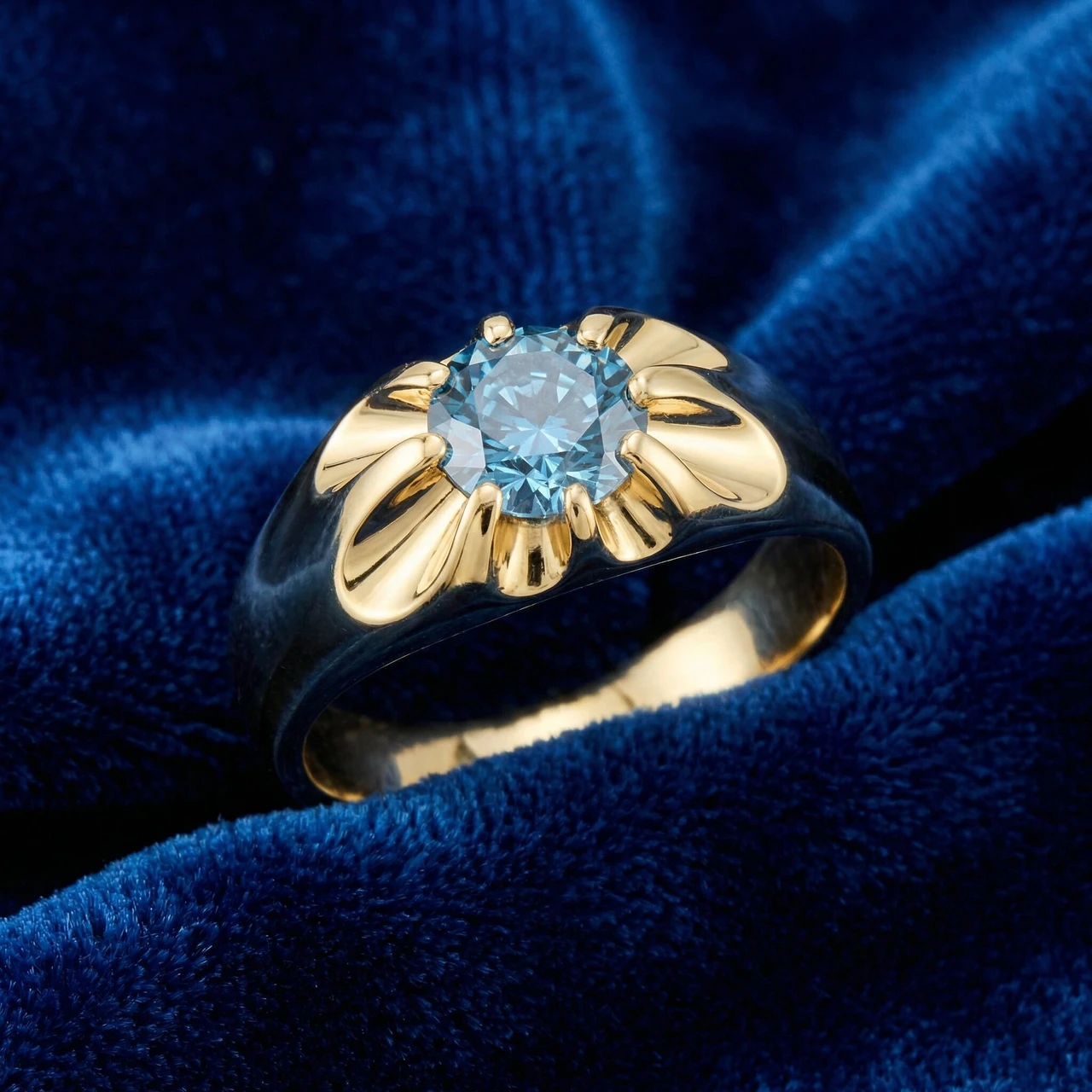 2Ct Blue Diamond Men's Belcher Solitaire Ring Gold High Polished Lab Grown (Blue, SI)