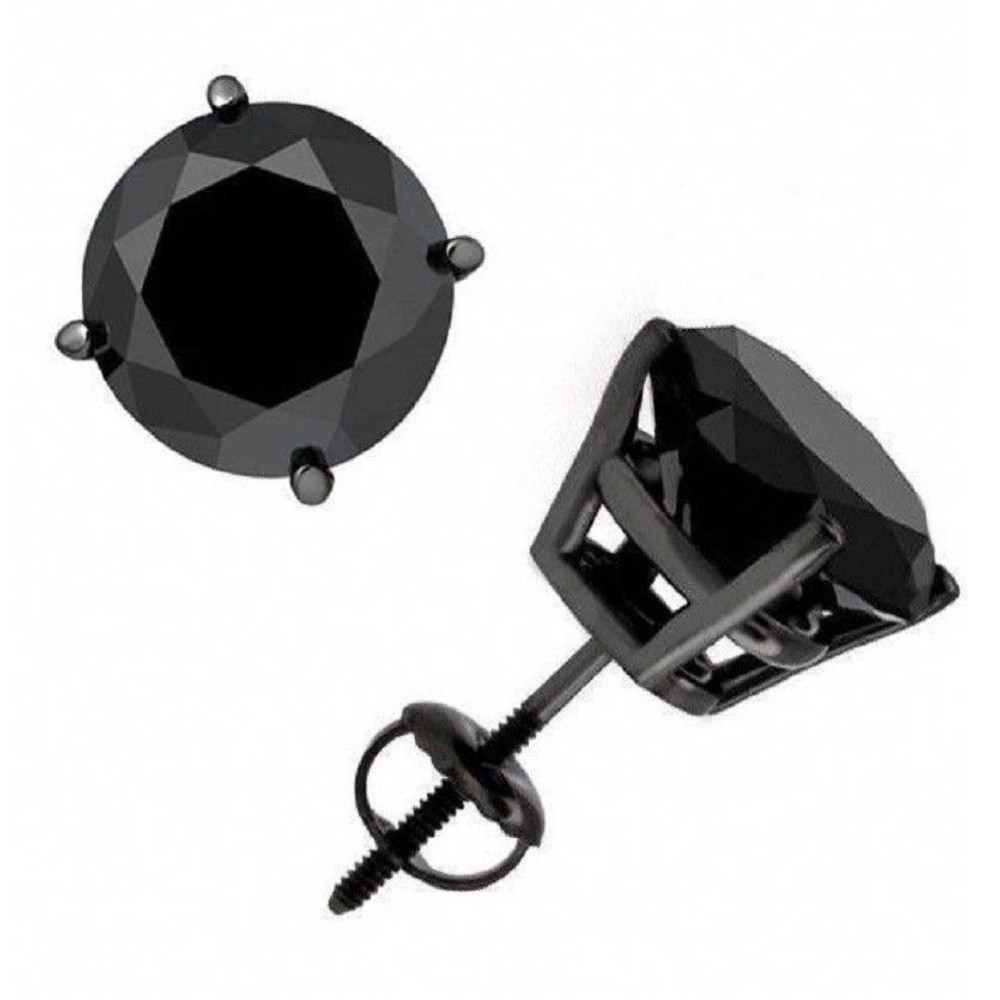 3ct 14k Black Gold Round Black Diamond Screw Back Studs Earrings (Black, I2-I3)