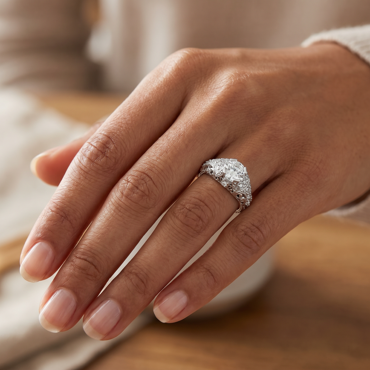 Lab Grown Diamond Engagement Ring 1 1/5ct Filligre Antique 14K White Gold (G-H, VS)