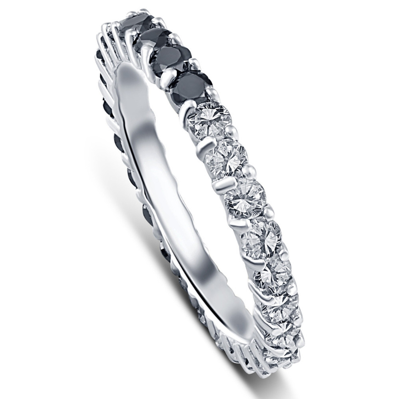 1 1/4Ct Black & White Diamond Eternity Stackable Wedding Ring 10k White Gold (G-H, I1) 1 1/4Ct Black & White Diamond Eternity Stackable Wedding Ring 10k White Gold (G-H, I1)