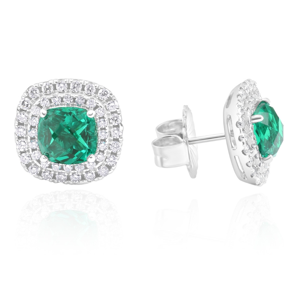 4Ct Emerald & Lab Grown Diamond Cushion Halo Studs 14k White Gold (F-G, VS)
