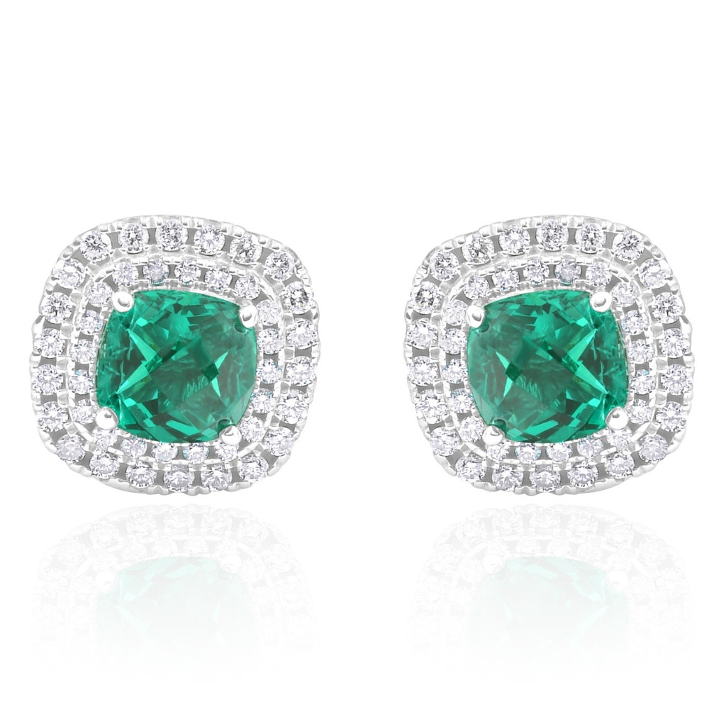 4Ct Emerald & Lab Grown Diamond Cushion Halo Studs 14k White Gold (F-G, VS)