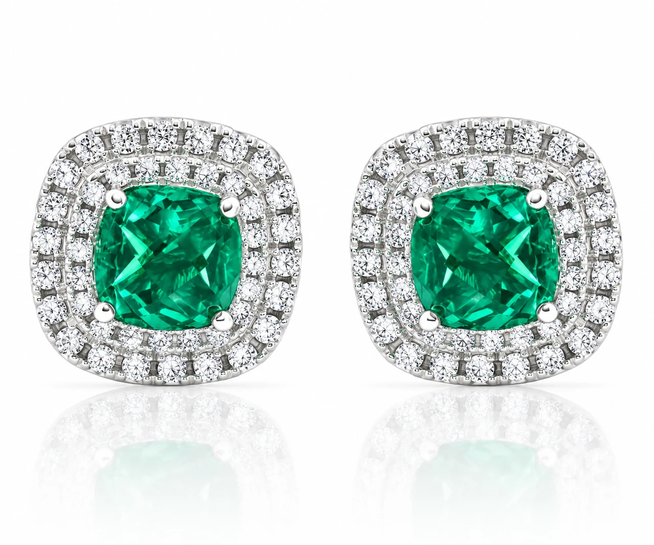 4Ct TW Emerald & Lab Grown Diamond Cushion Halo Studs 14k White Gold Earrings (F-G, VS)