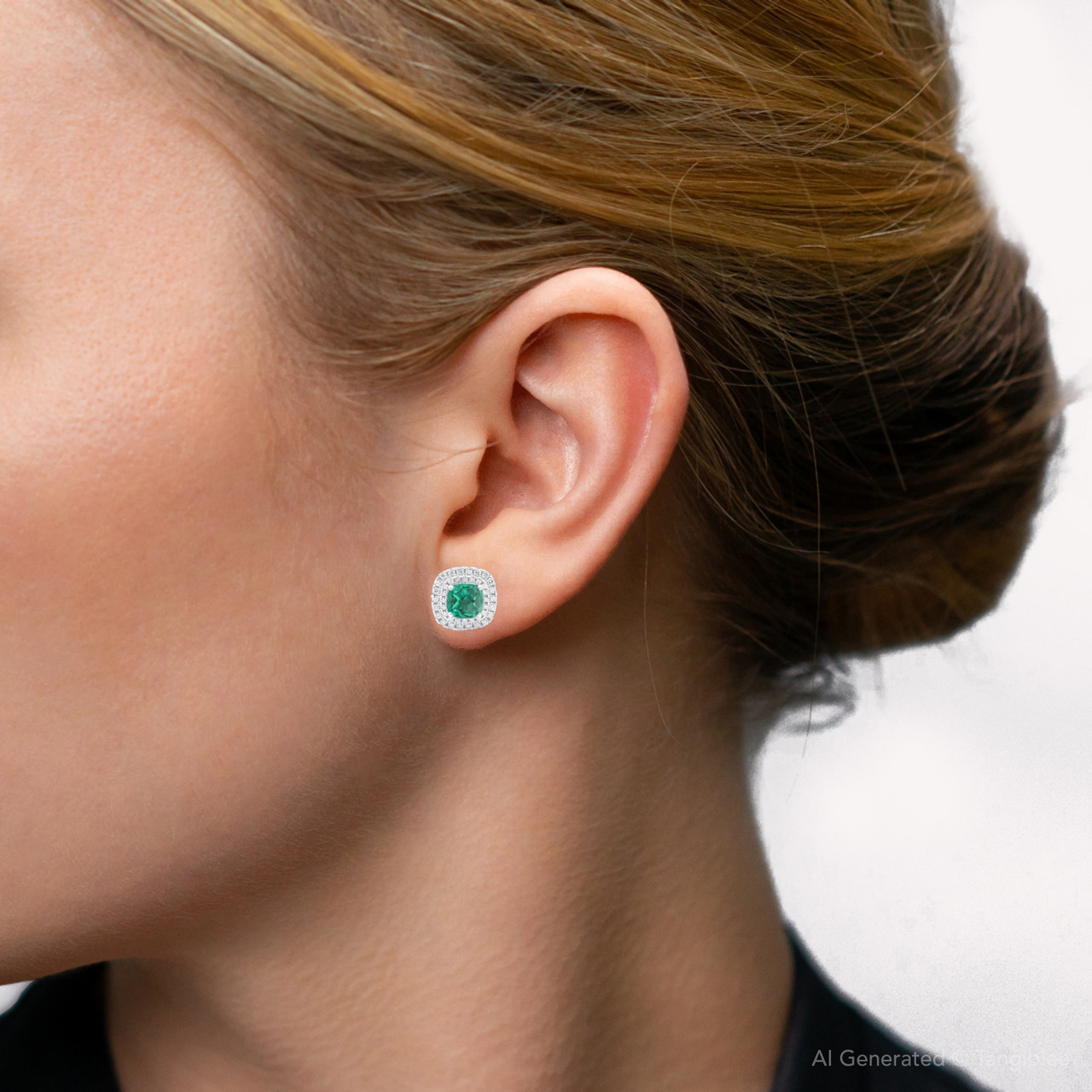 4Ct Emerald & Lab Grown Diamond Cushion Halo Studs 14k White Gold (F-G, VS)