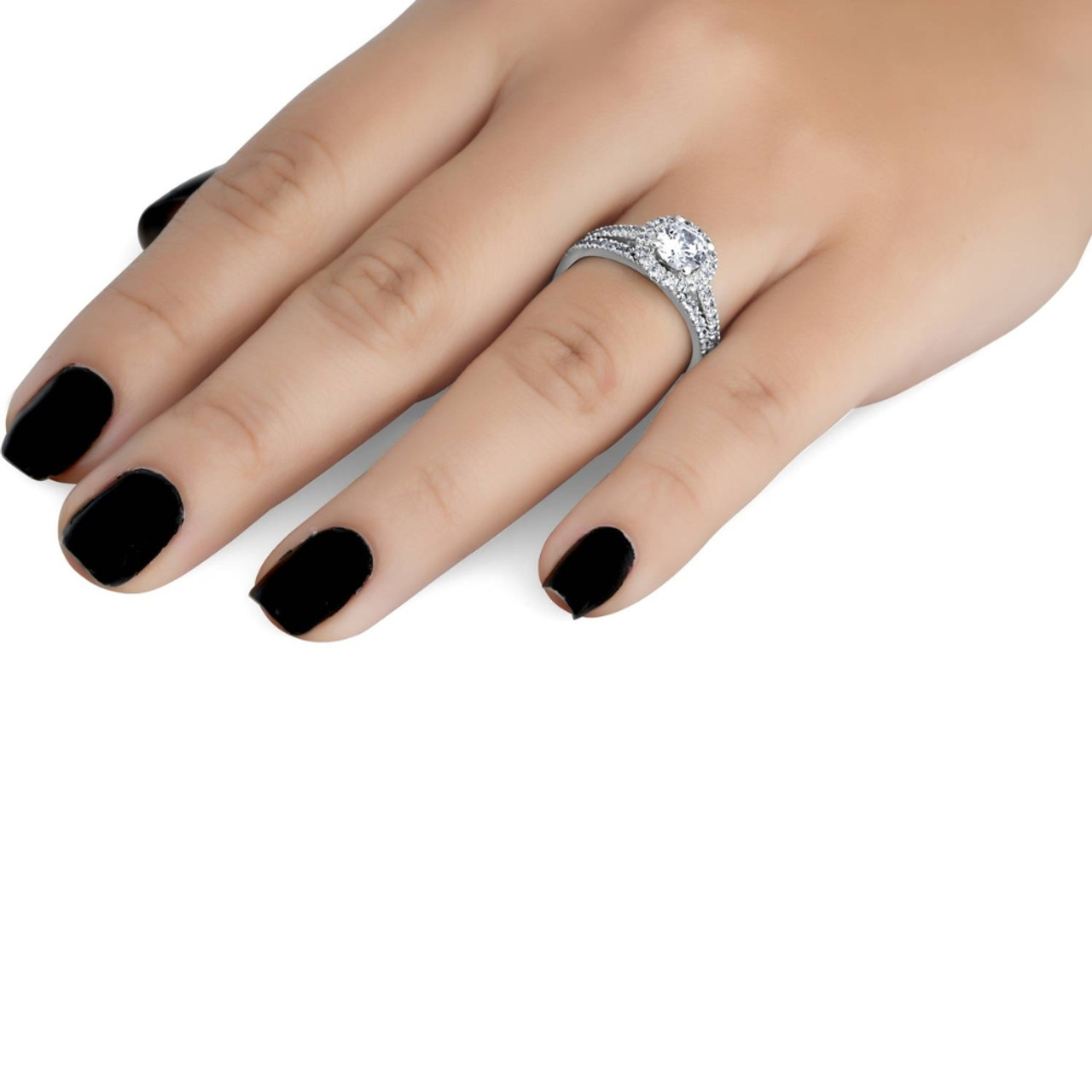 1 1/2 ct Diamond Halo Engagement Wedding Ring Set 14k White Gold Enhanced