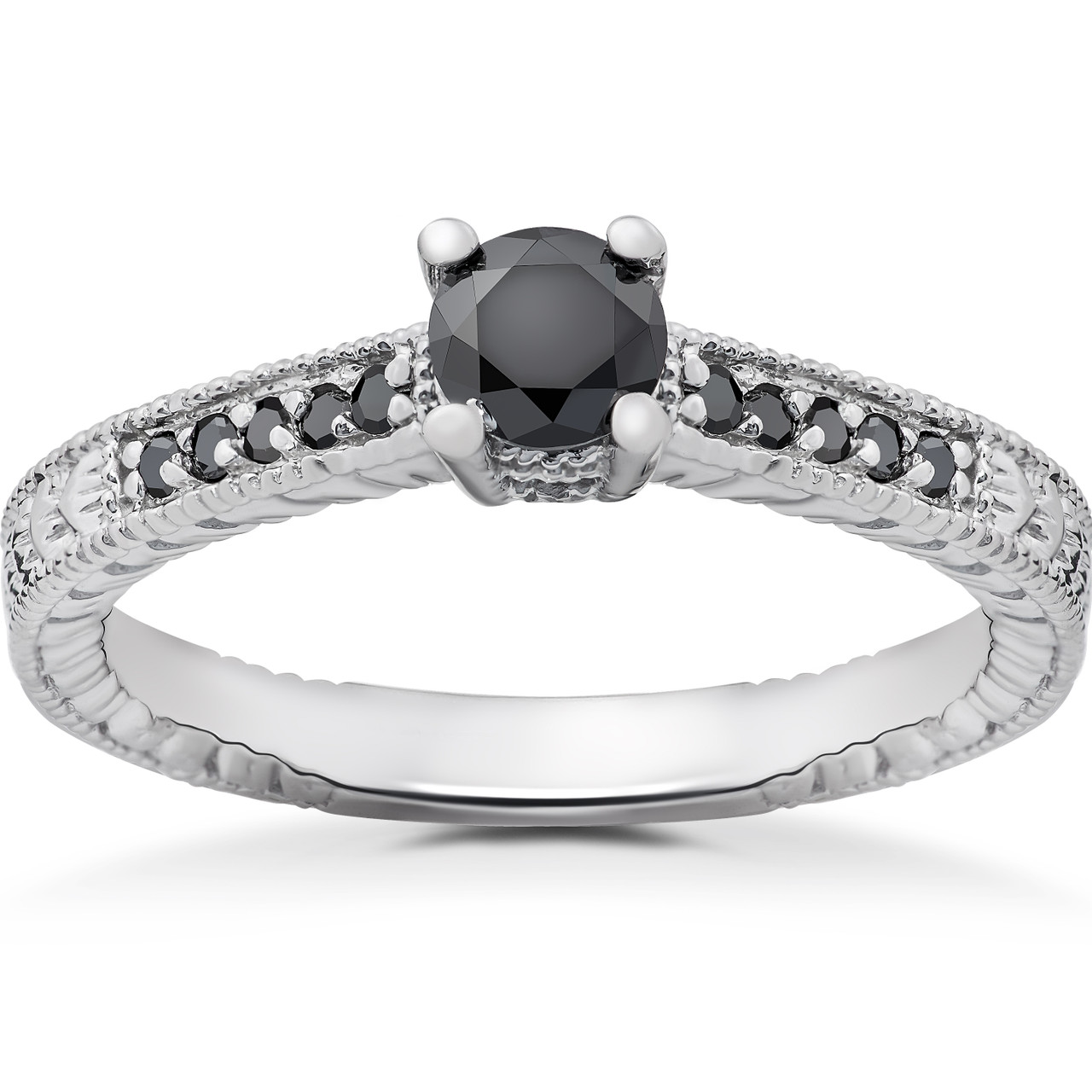 1/2 ct Black Diamond Vintage Engagement Ring 14k White Gold (H-I, I1)