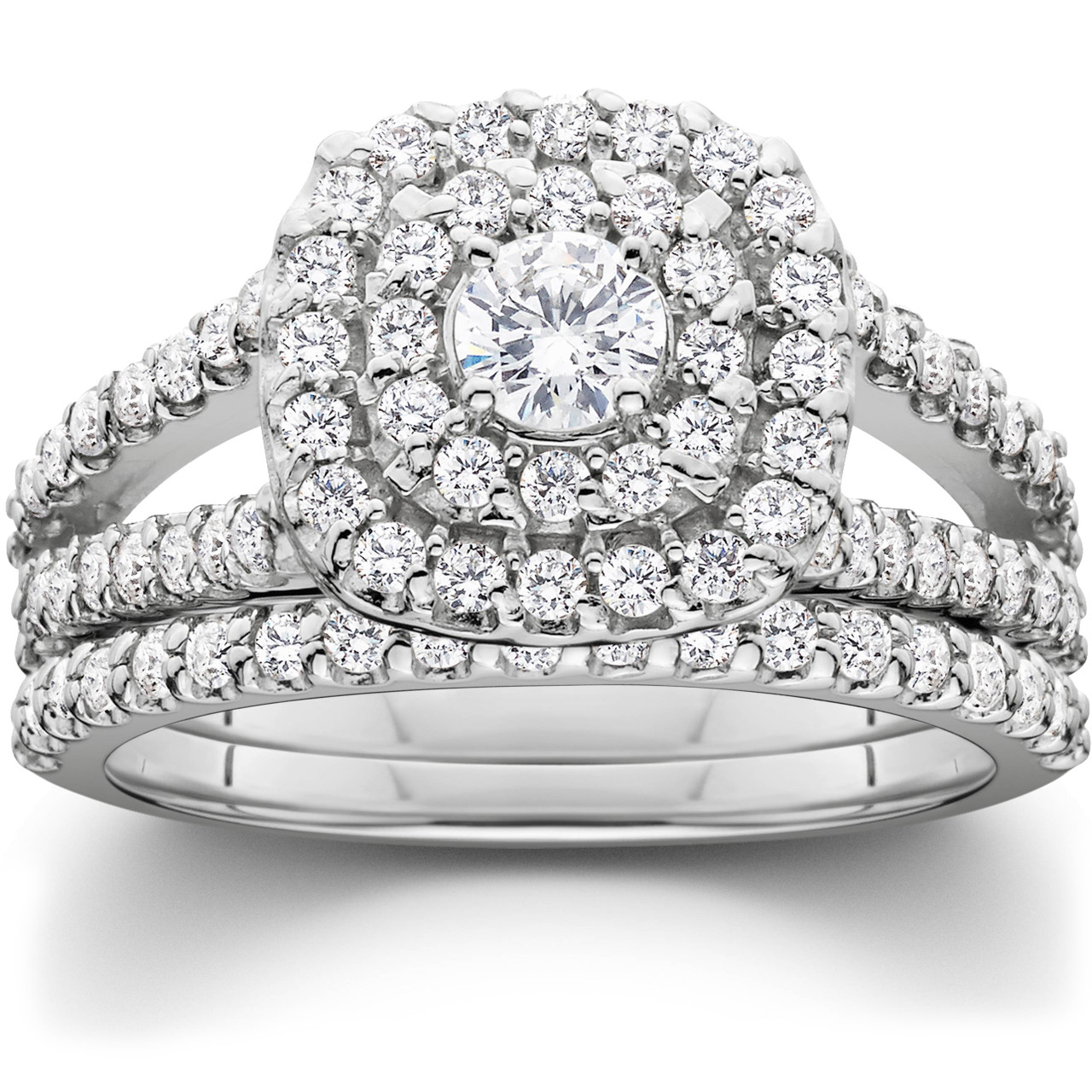 1 1/10ct Cushion Halo Diamond Engagement Wedding Ring Set 10K