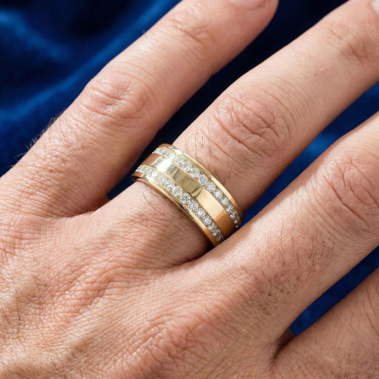 1 1/2ct Diamond Double Row Eternity Ring 14k Yellow Gold 7.5mm Wide Flat Band (G-H, I1)