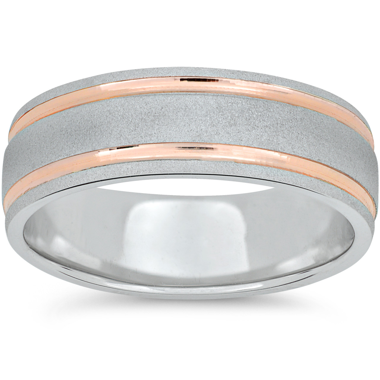 Mens 14k Rose & White Gold Two Tone 7MM Brushed Wedding Band