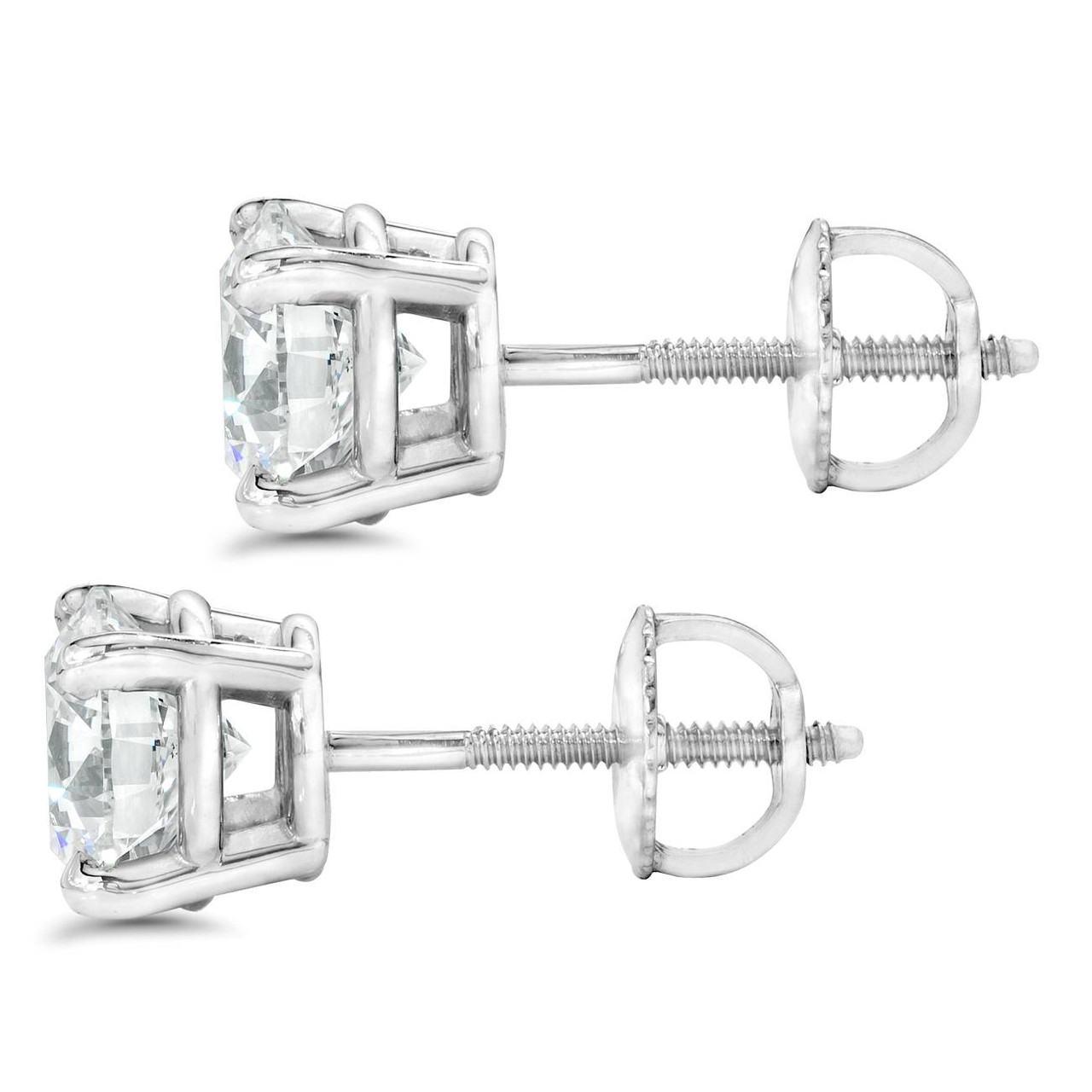 1 1/2 ct Round Round Diamond Studs with Screw Backs 14k White Gold Enhanced (F-G, SI)