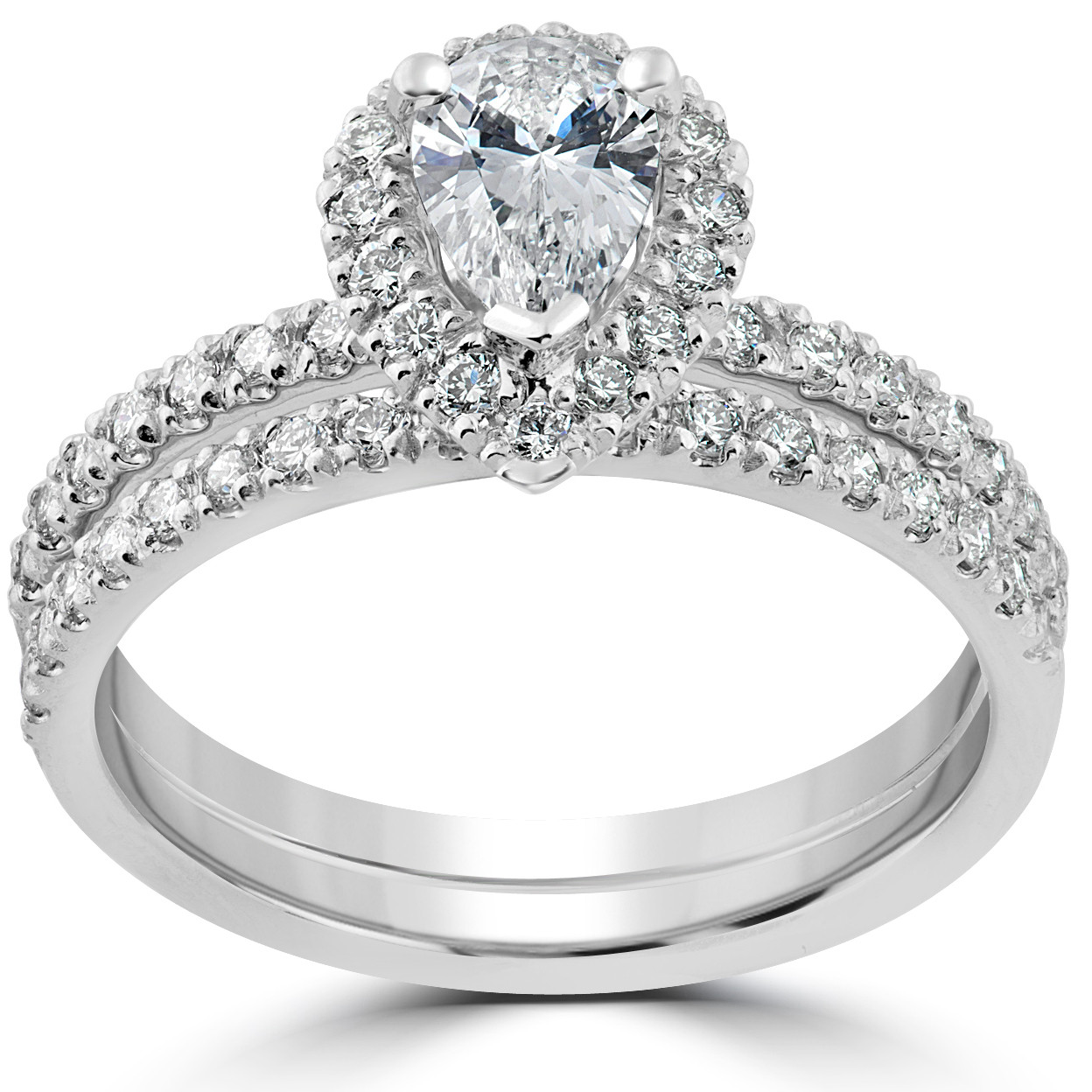 1 1/10ct Pear Halo Diamond Engagement Wedding Ring Set 14k White Gold Lab Grown (F-G, VS)