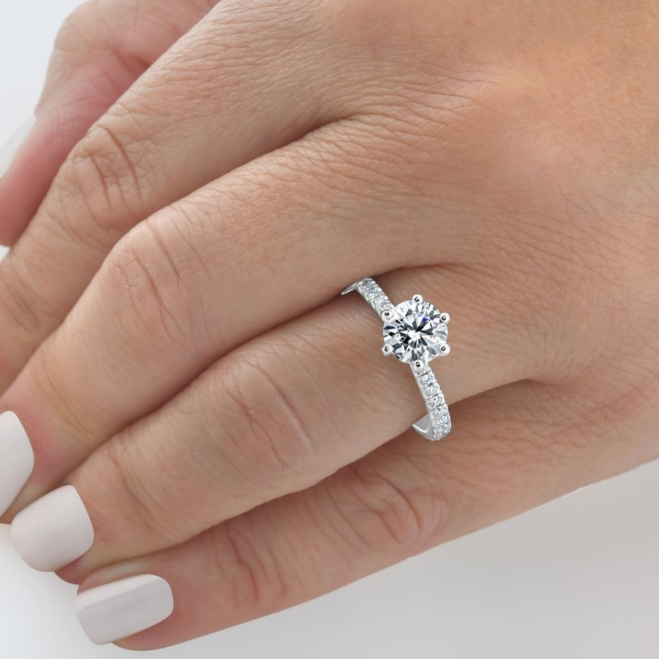 2Ct Round Cut Moissanite & Diamond Ring in 14k Gold With Side Halo (G-H, VS) 2Ct Round Cut Moissanite & Diamond Ring in 14k Gold With Side Halo (G-H, VS)