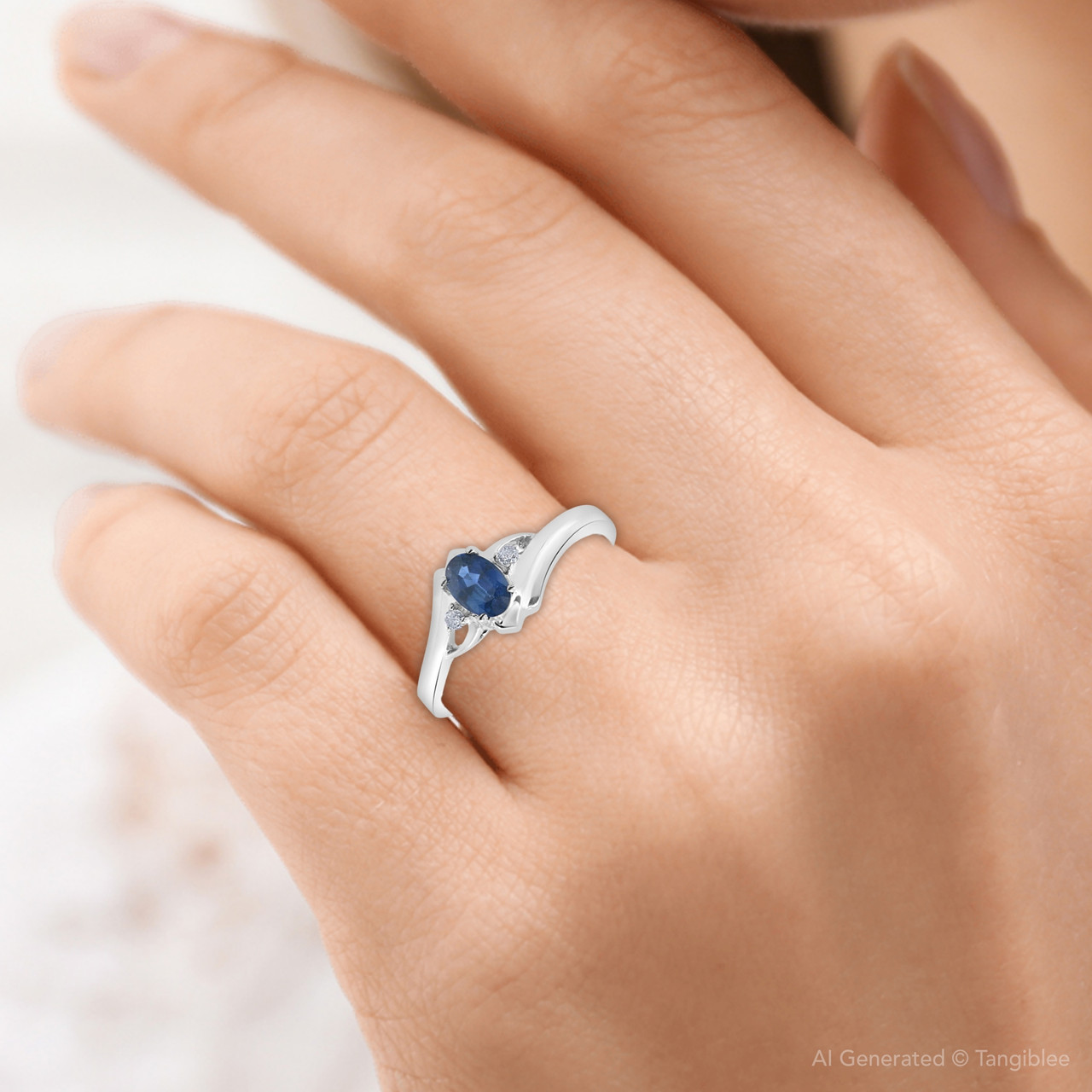 1/2ct Oval Blue Sapphire Diamond Ring 14K White Gold (G-H, I2-I3)